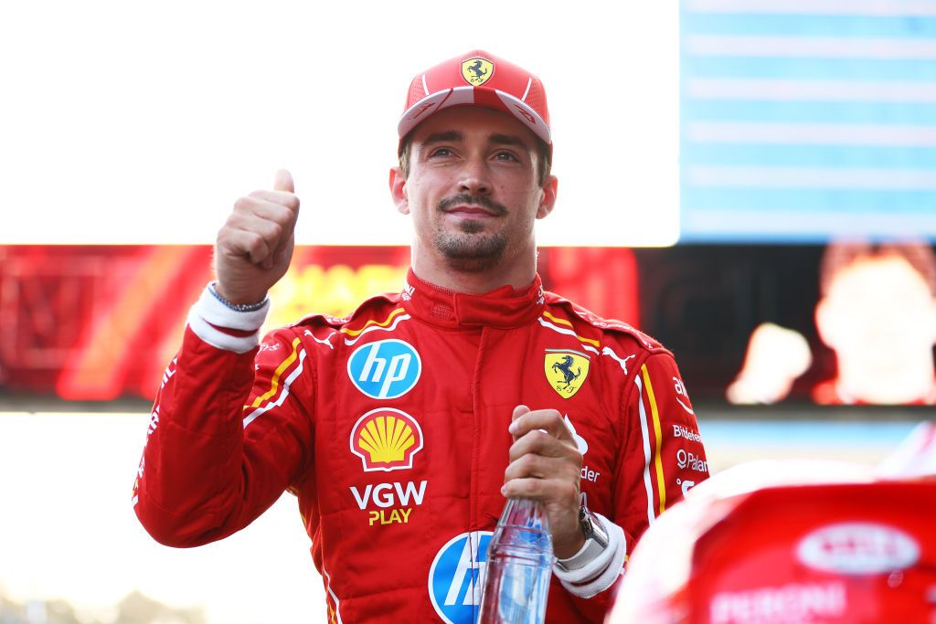 BAKU, AZERBAIJAN - SEPTEMBER 14: Pole position qualifier Charles Leclerc of Monaco and Ferrari celebrates in parc ferme during qualifying ahead of the F1 Grand Prix of Azerbaijan at Baku City Circuit on September 14, 2024 in Baku, Azerbaijan. (Photo by Clive Rose - Formula 1/Formula 1 via Getty Images)